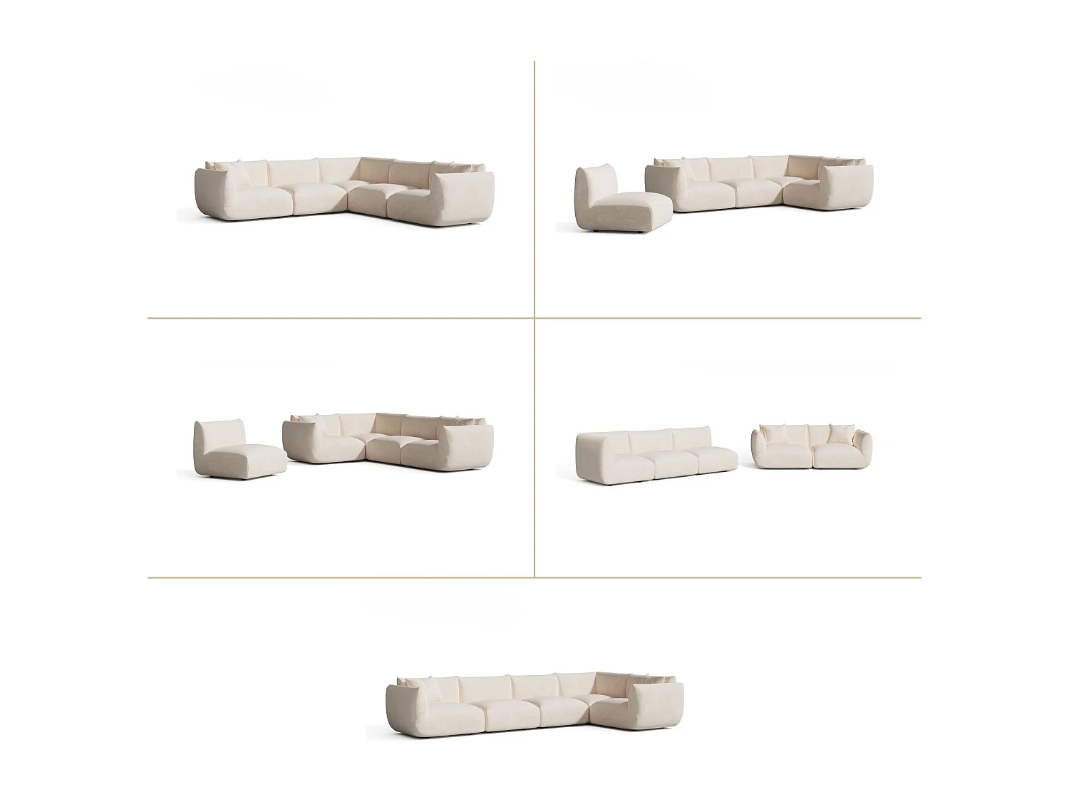 Canapé d'angle panoramique modulable 7-8 places velours chenillé crème NOOMA