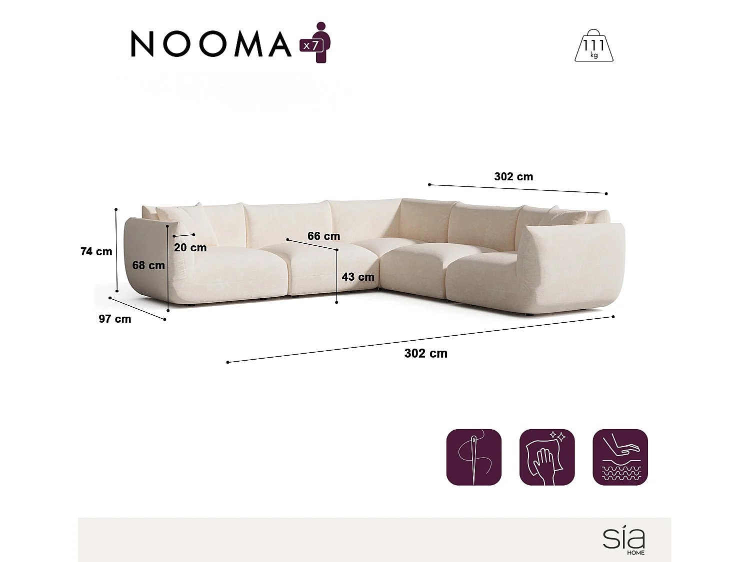 Canapé d'angle panoramique modulable 7-8 places velours chenillé crème NOOMA