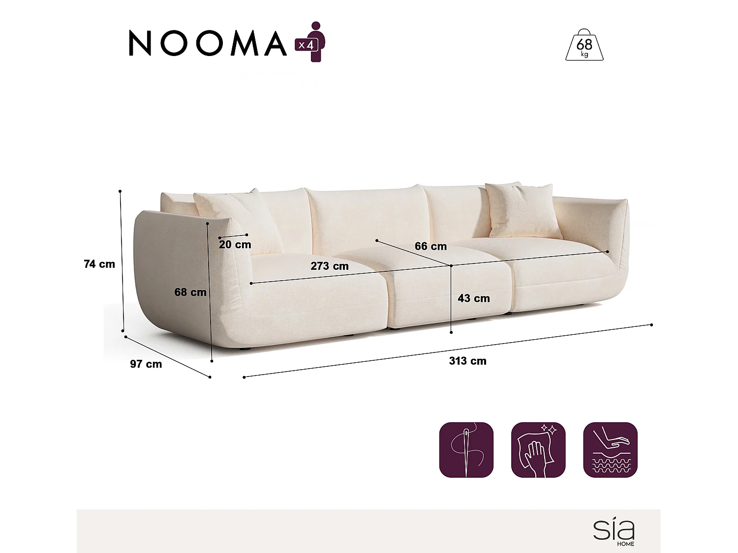 Canapé modulable 4-5 places velours chenillé crème NOOMA