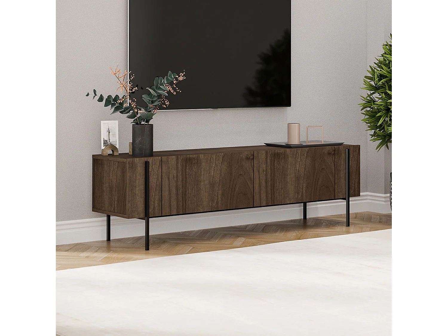 Meuble TV avec placards aspect noyer 160cm FRENO