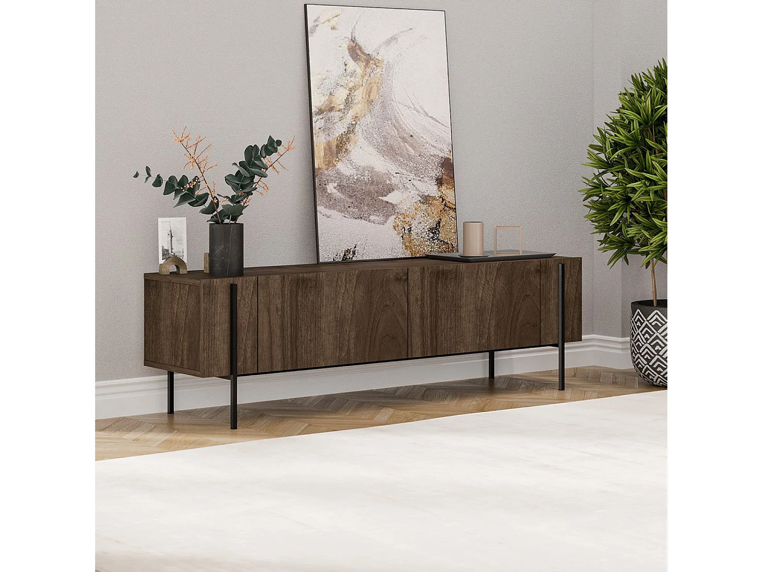 Meuble TV avec placards aspect noyer 160cm FRENO