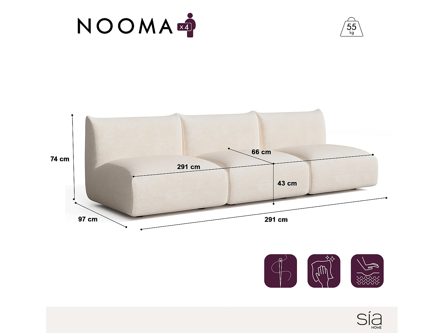 Canapé modulable 4-5 places velours chenillé crème NOOMA