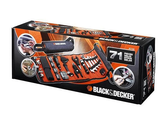 Zestaw narzędzi mechanicznych BLACK+DECKER 76 akcesoriów z czarną zwijaną torbą, końcówkami, kluczami, szczypcami, nasadkami, latarką i magnetycznym zbieraczem