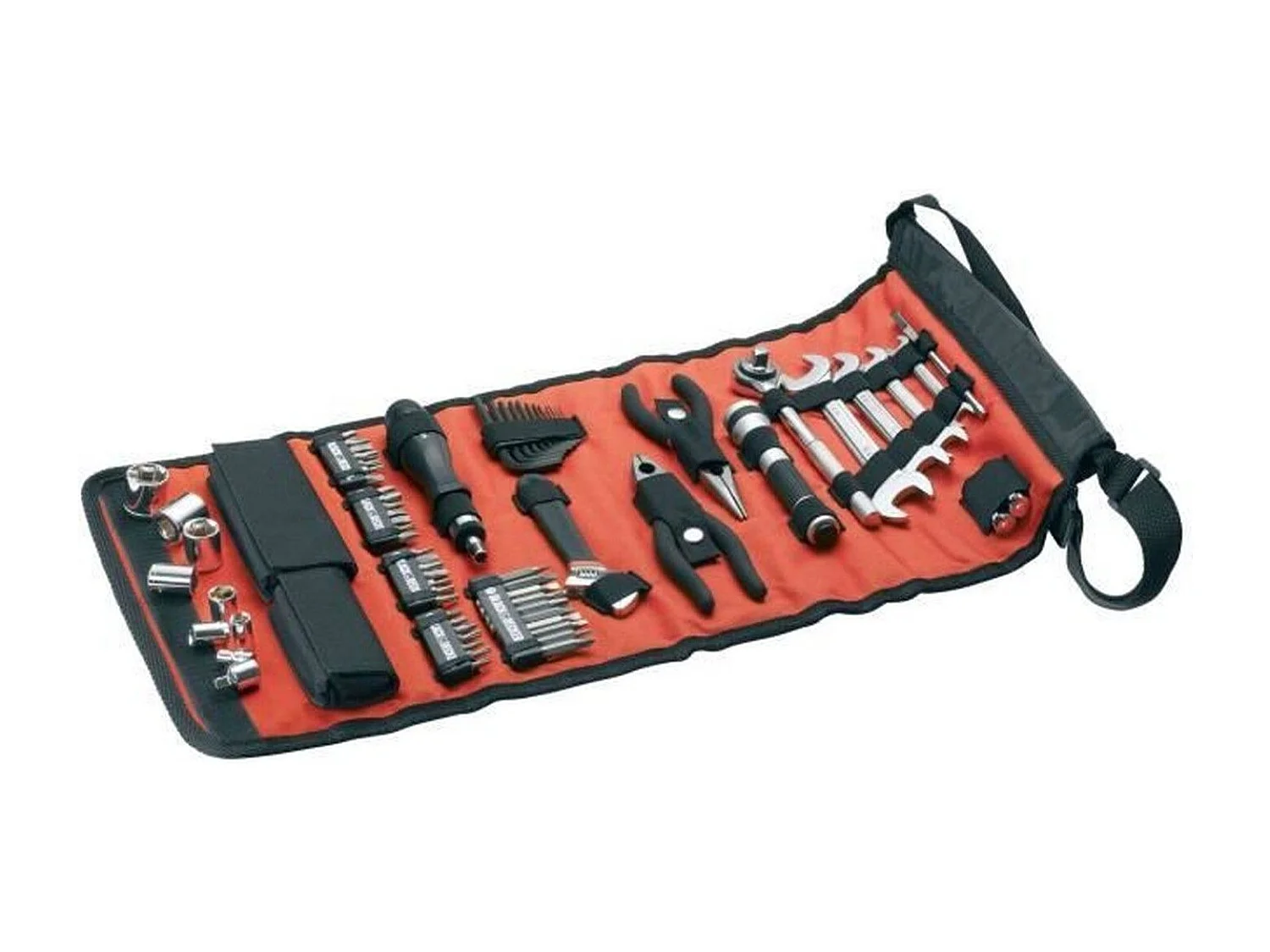Zestaw narzędzi mechanicznych BLACK+DECKER 76 akcesoriów z czarną zwijaną torbą, końcówkami, kluczami, szczypcami, nasadkami, latarką i magnetycznym zbieraczem