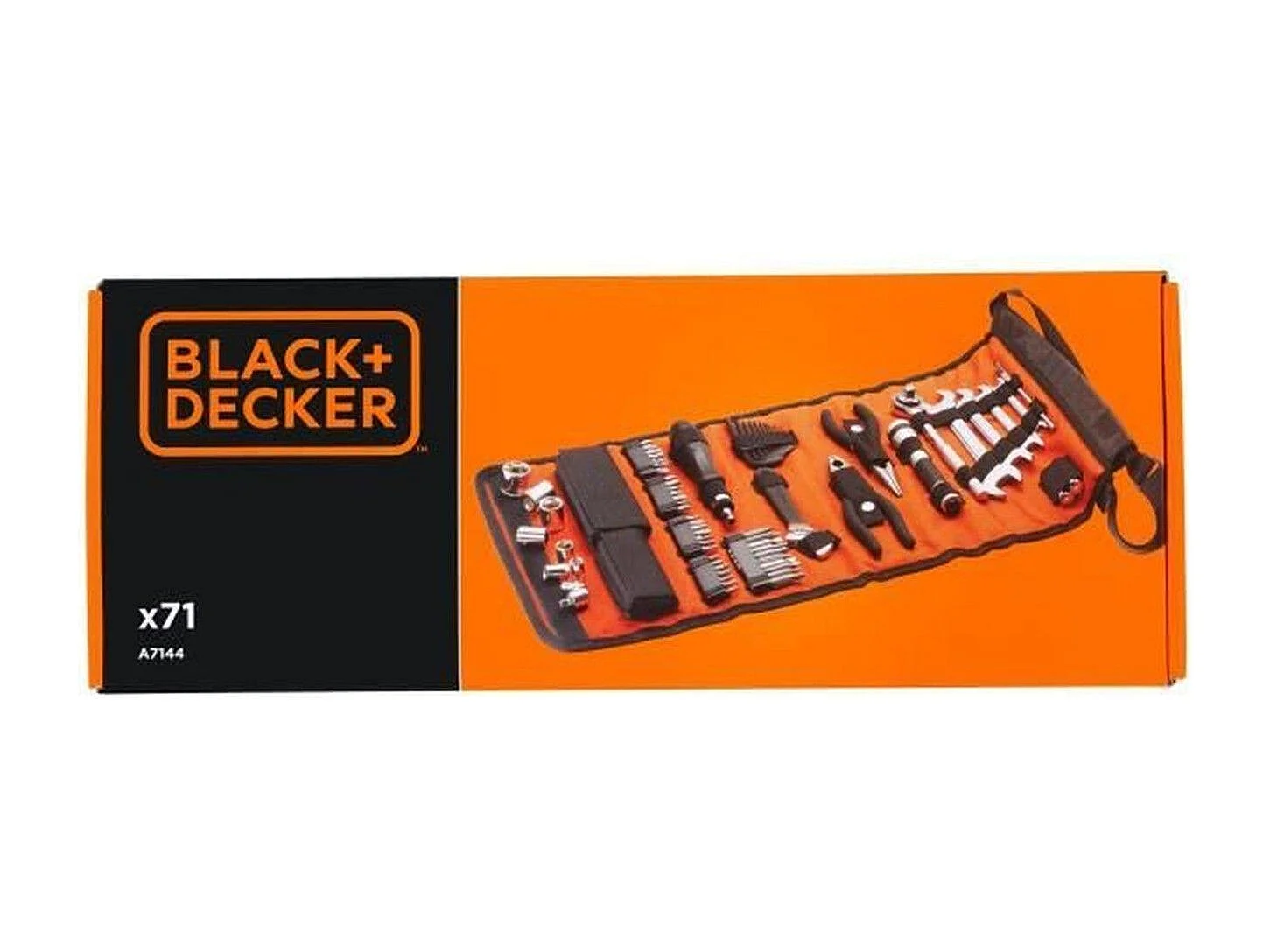 Zestaw narzędzi mechanicznych BLACK+DECKER 76 akcesoriów z czarną zwijaną torbą, końcówkami, kluczami, szczypcami, nasadkami, latarką i magnetycznym zbieraczem