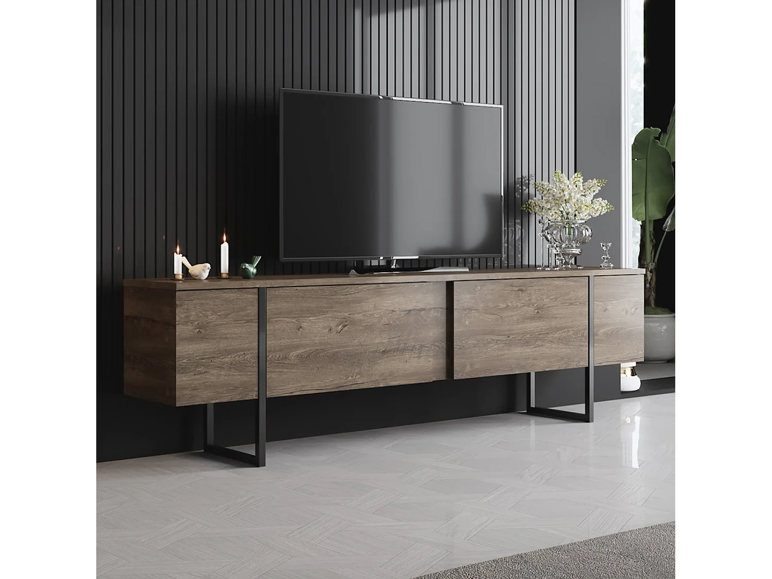 Meuble TV avec placards aspect bois de noyer et détails noirs 180cm FROPA
