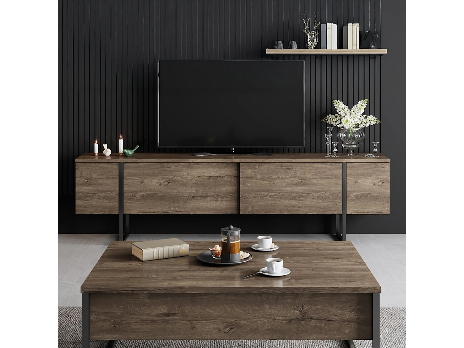 Meuble TV avec placards aspect bois de noyer et détails noirs 180cm FROPA