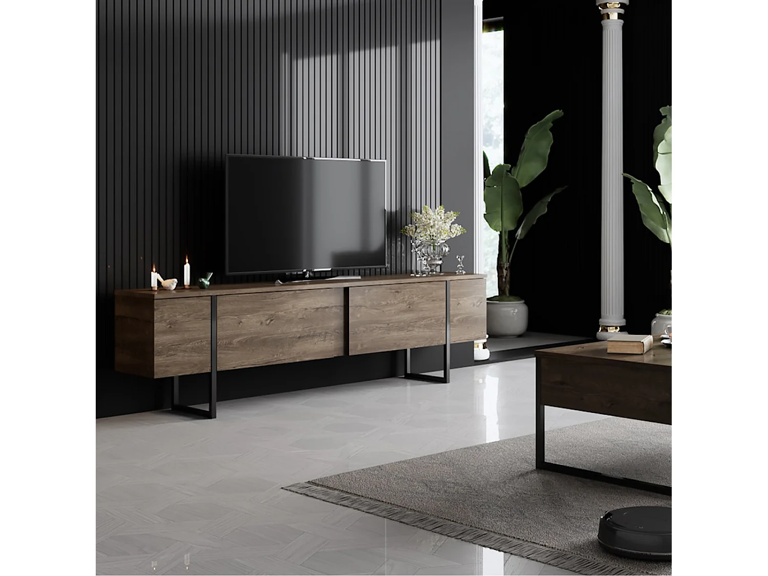 Meuble TV avec placards aspect bois de noyer et détails noirs 180cm FROPA