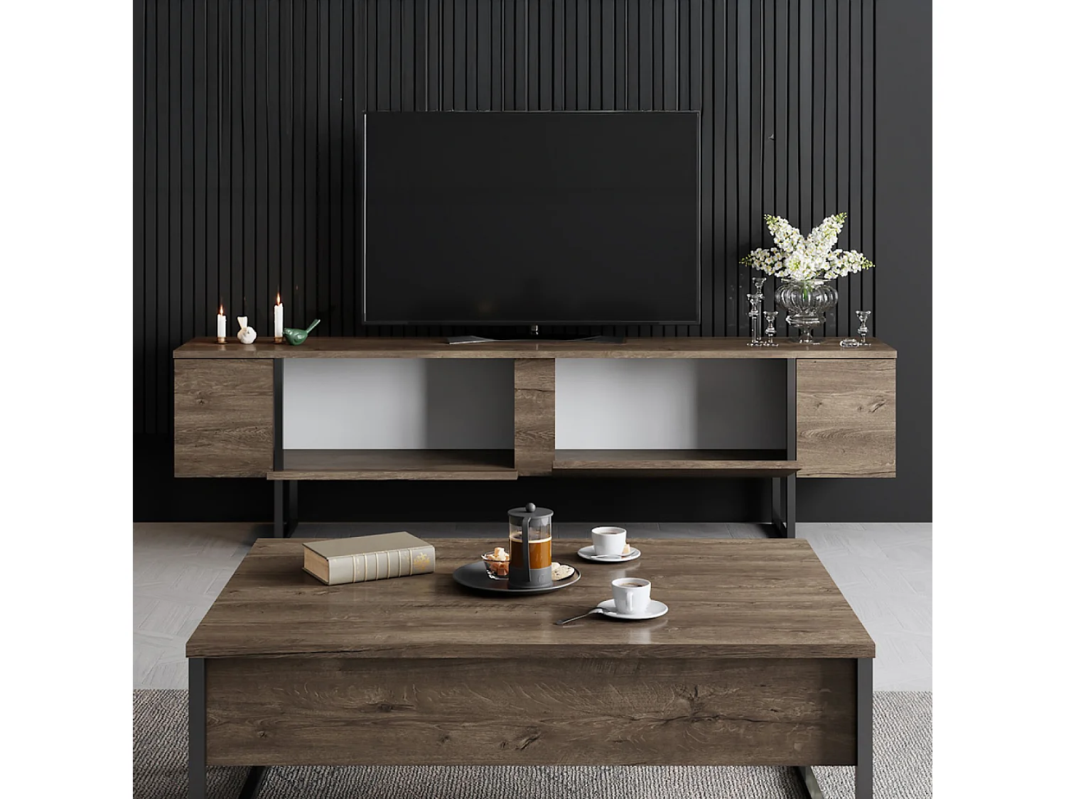 Meuble TV avec placards aspect bois de noyer et détails noirs 180cm FROPA