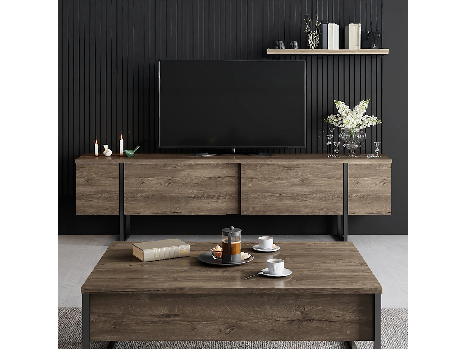 Meuble TV avec placards aspect bois de noyer et détails noirs 180cm FROPA