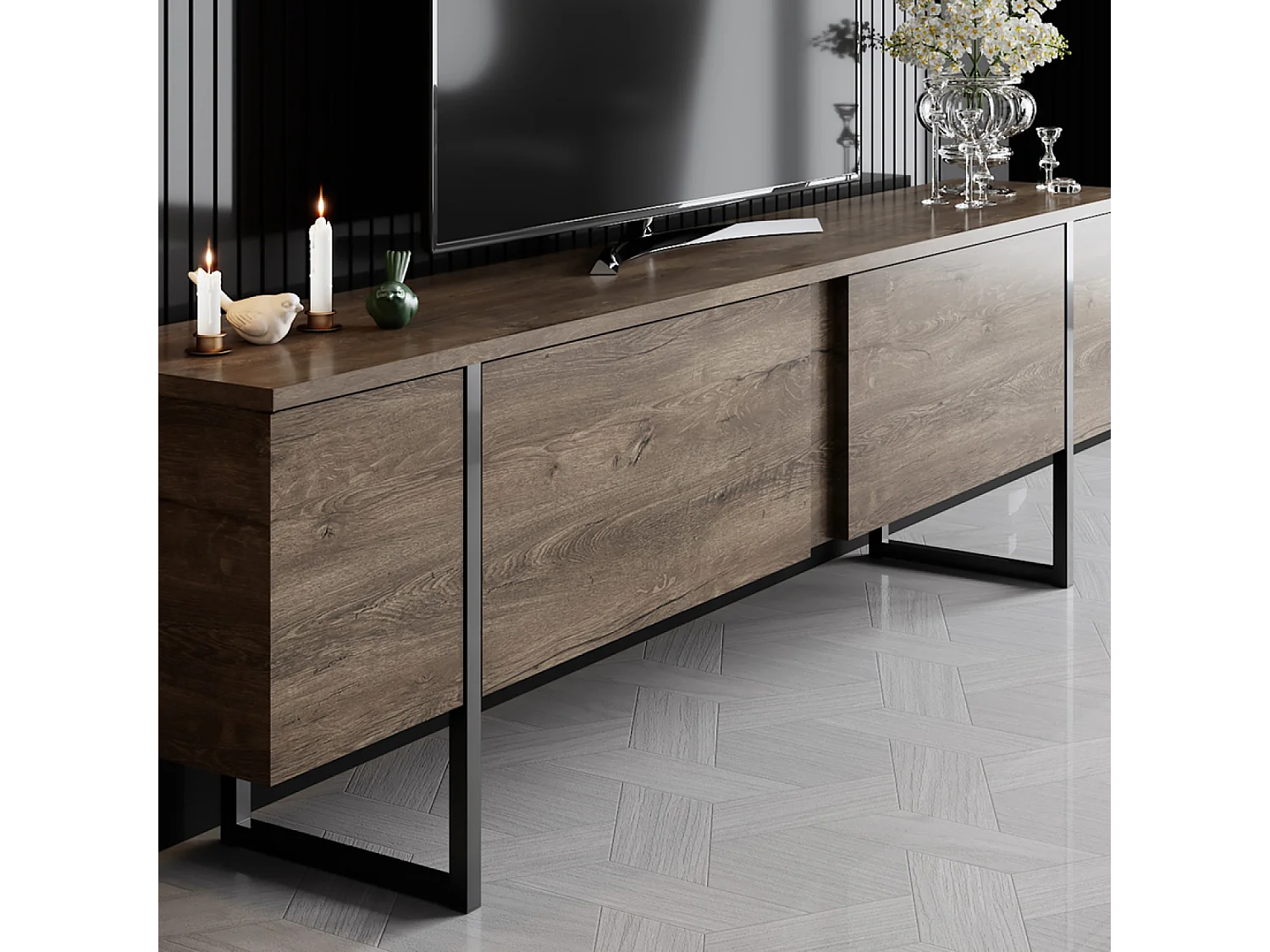 Meuble TV avec placards aspect bois de noyer et détails noirs 180cm FROPA