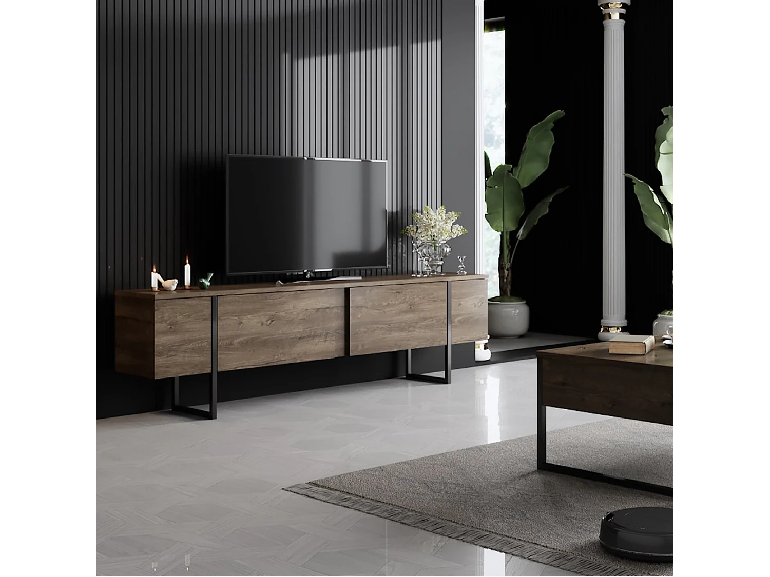 Meuble TV avec placards aspect bois de noyer et détails noirs 180cm FROPA