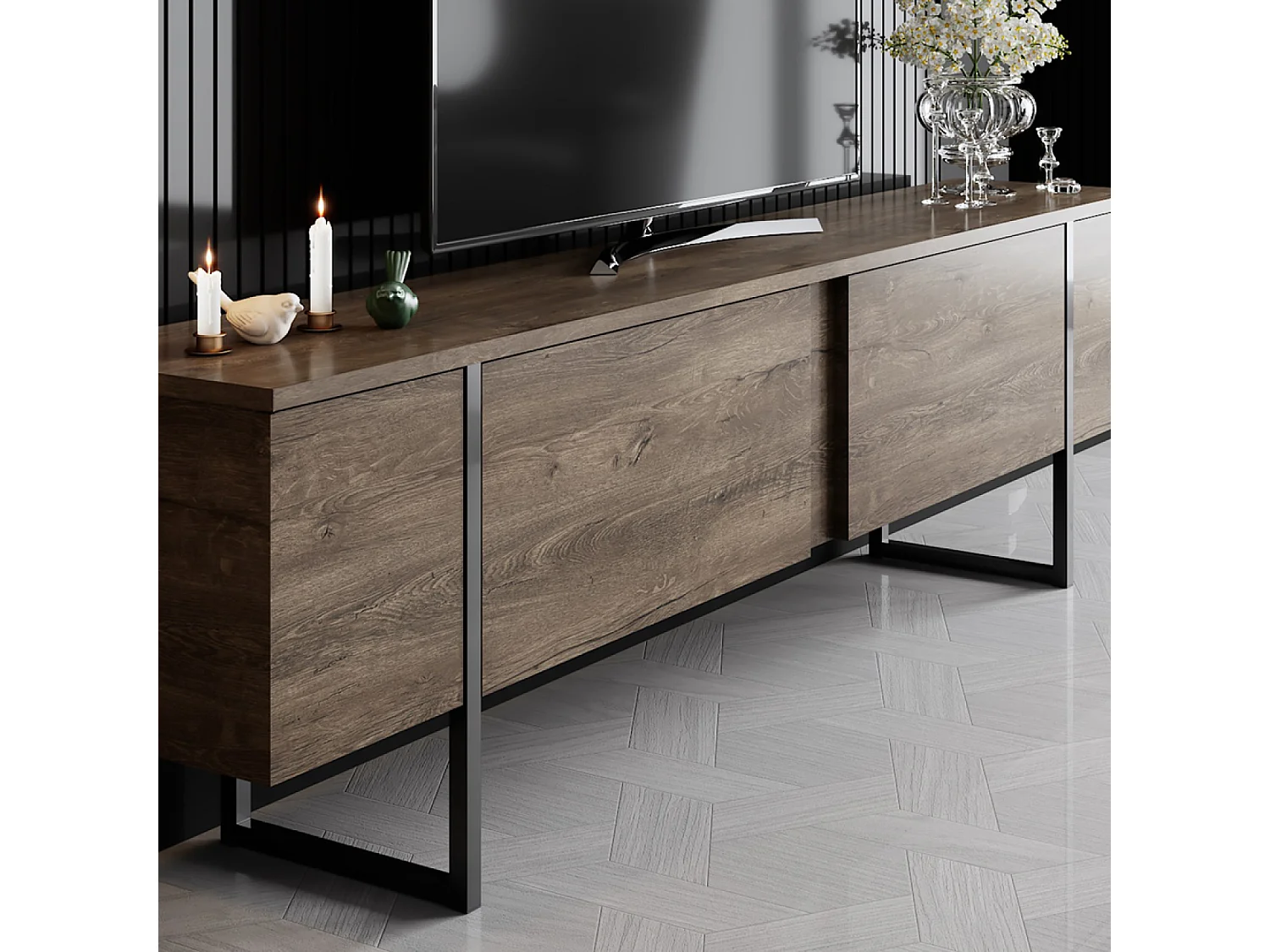 Meuble TV avec placards aspect bois de noyer et détails noirs 180cm FROPA