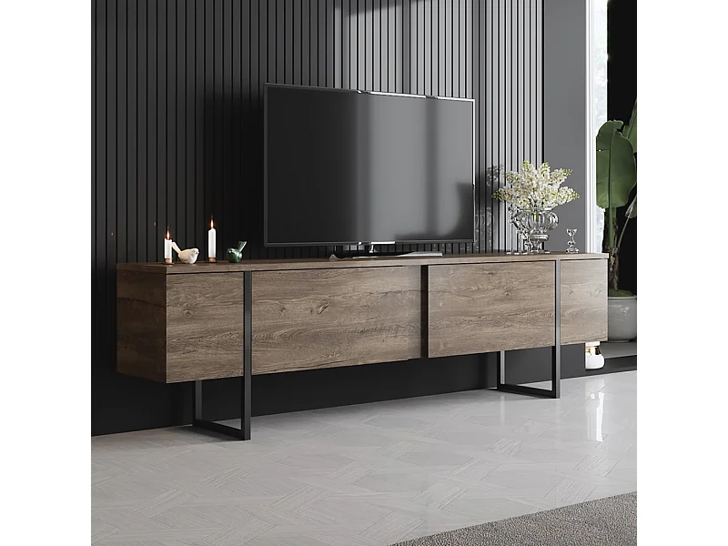 Meuble TV avec placards aspect bois de noyer et détails noirs 180cm FROPA