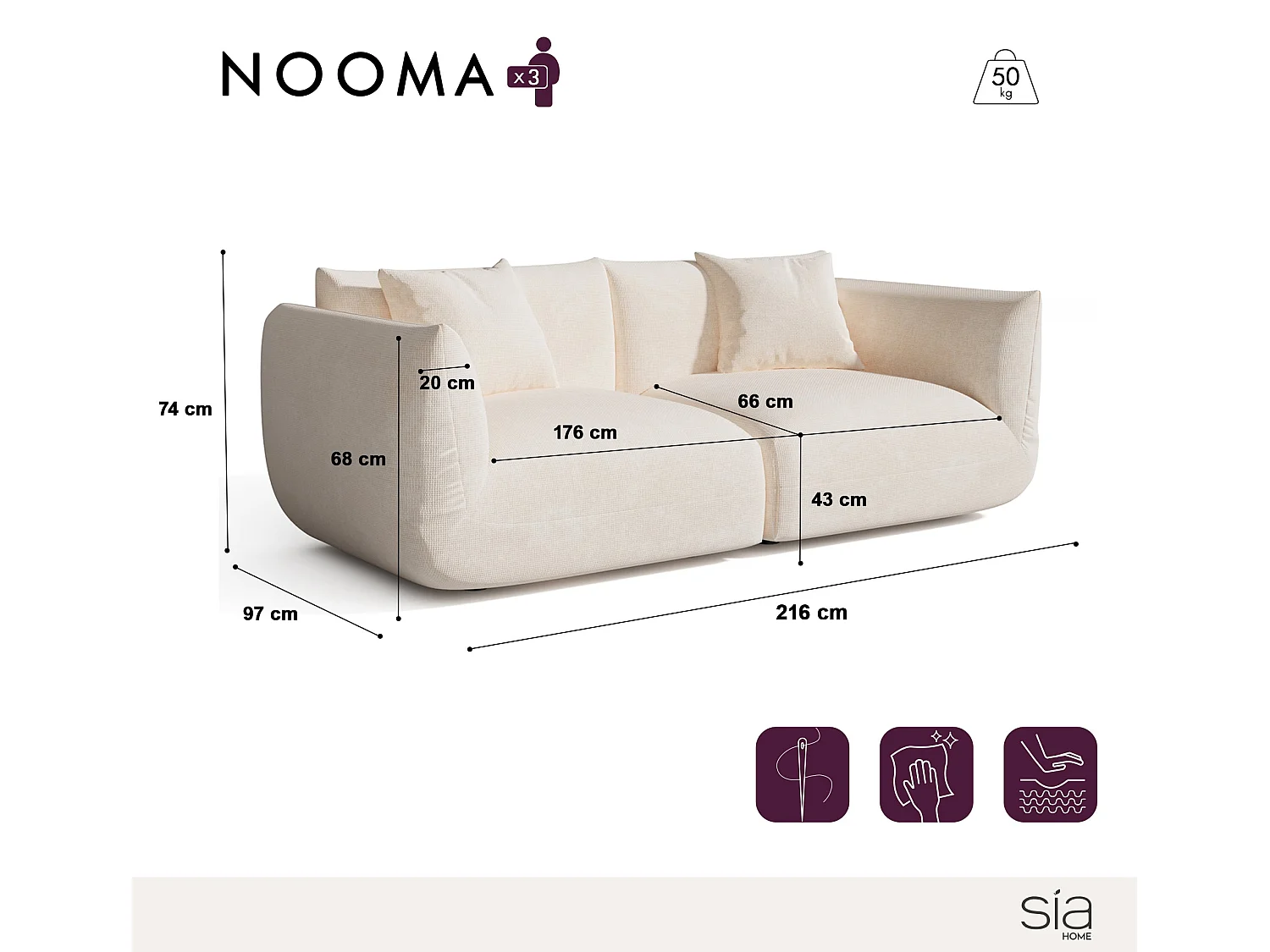 Canapé modulable 3 places velours chenillé crème NOOMA