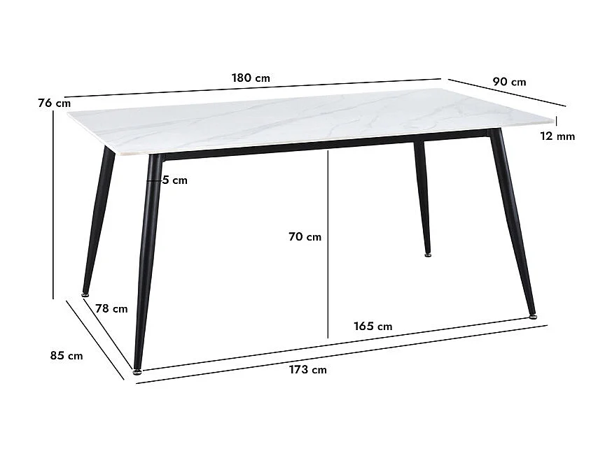 Table 180 x 90 cm céramique blanc marbré pieds métal noir - RYDER 2