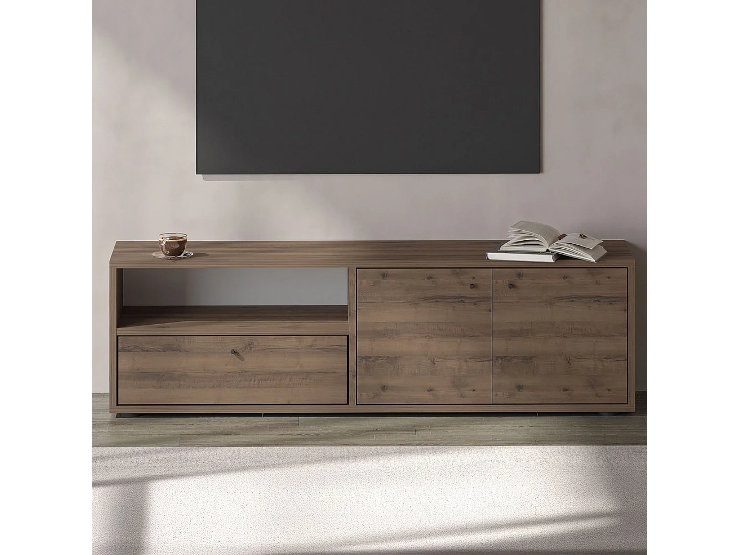 Meuble TV avec placards et niche aspect bois de noyer 136cm OAKI