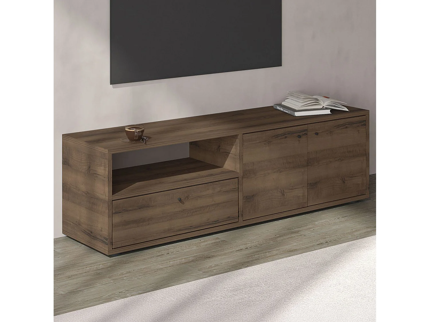 Meuble TV avec placards et niche aspect bois de noyer 136cm OAKI