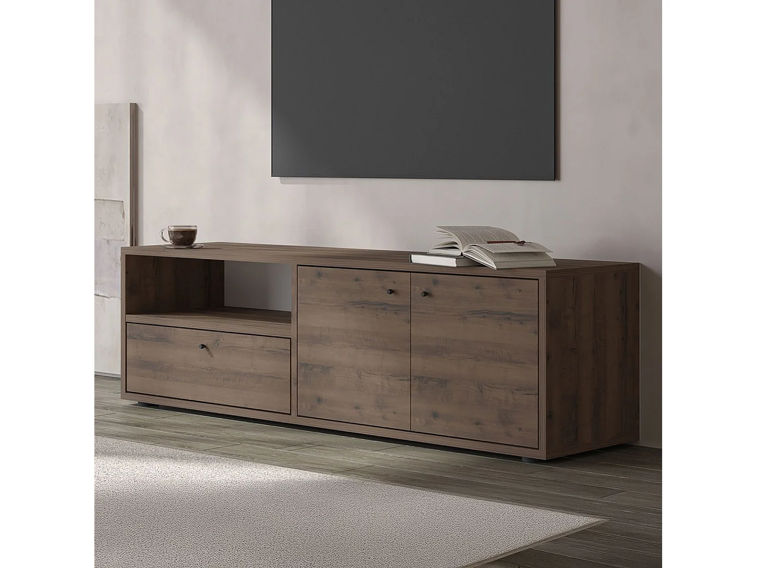 Meuble TV avec placards et niche aspect bois de noyer 136cm OAKI