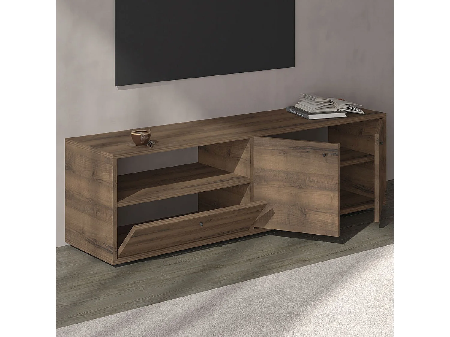 Meuble TV avec placards et niche aspect bois de noyer 136cm OAKI