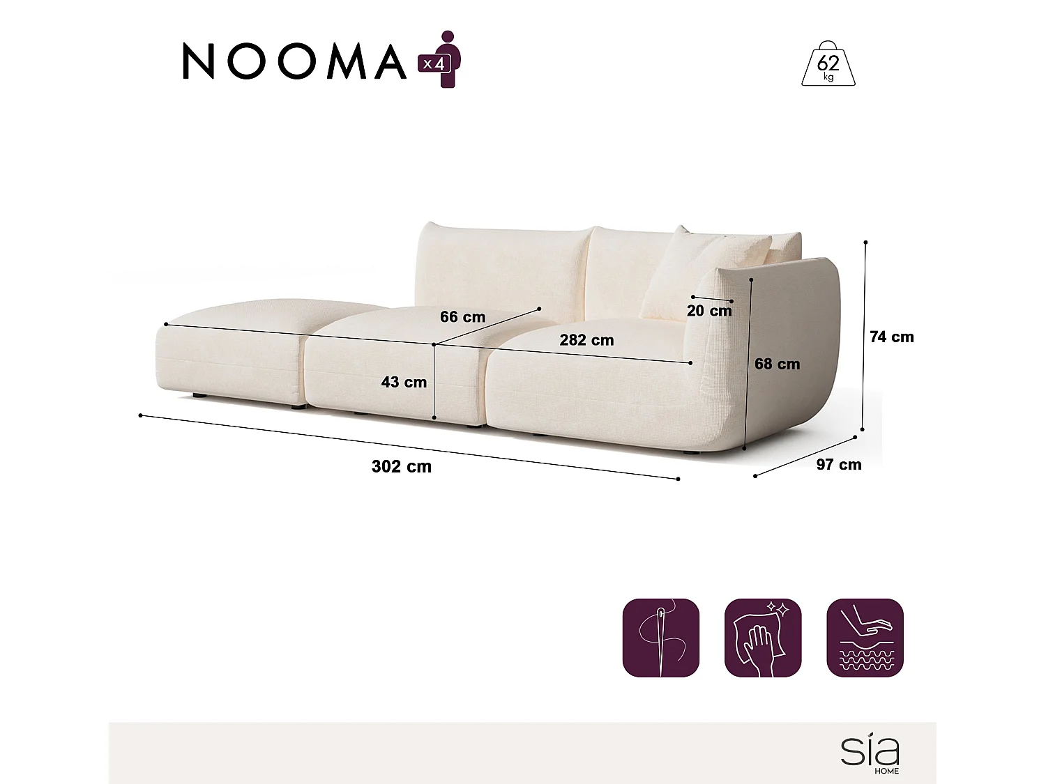 Canapé modulable 4-5 places droit velours chenillé crème NOOMA