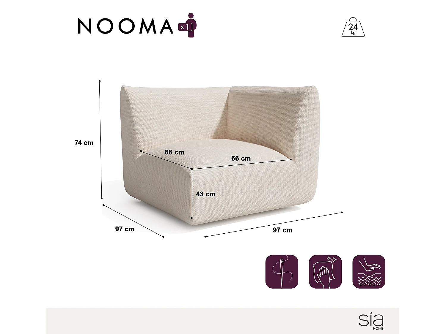 Module d'angle NOOMA en velours chenillé crème 97x97cm