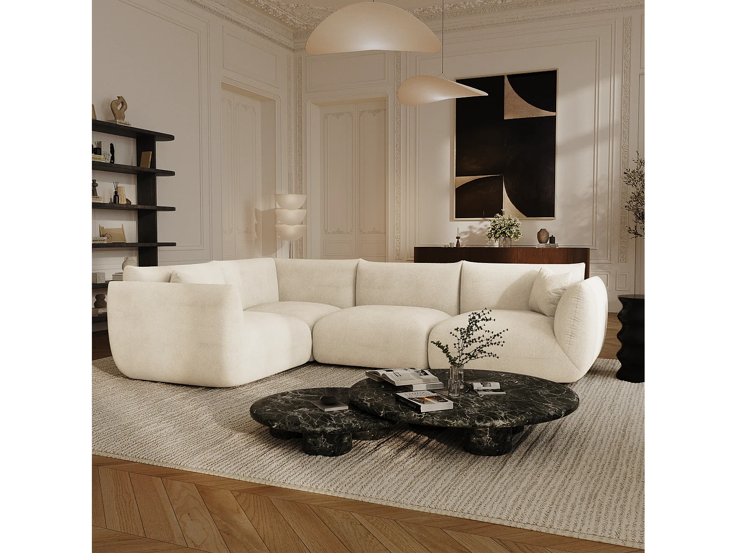Module d'angle NOOMA en velours chenillé crème 97x97cm