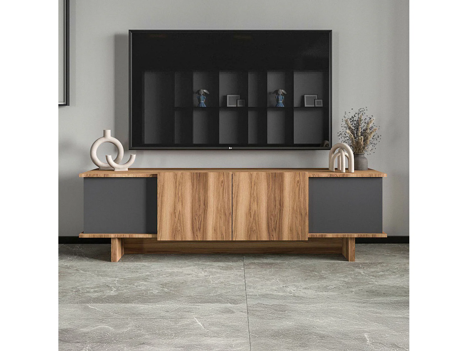 BRONI - Meuble TV design avec placards aspect bois et gris anthracite 180cm