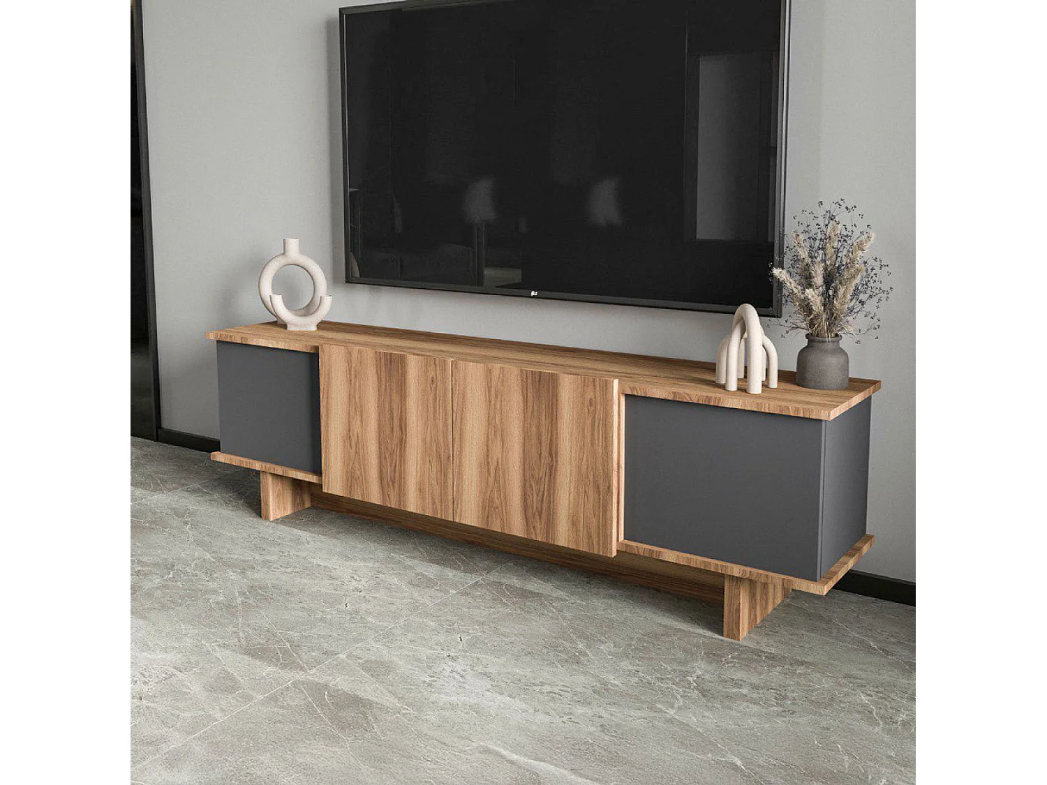 BRONI - Meuble TV design avec placards aspect bois et gris anthracite 180cm