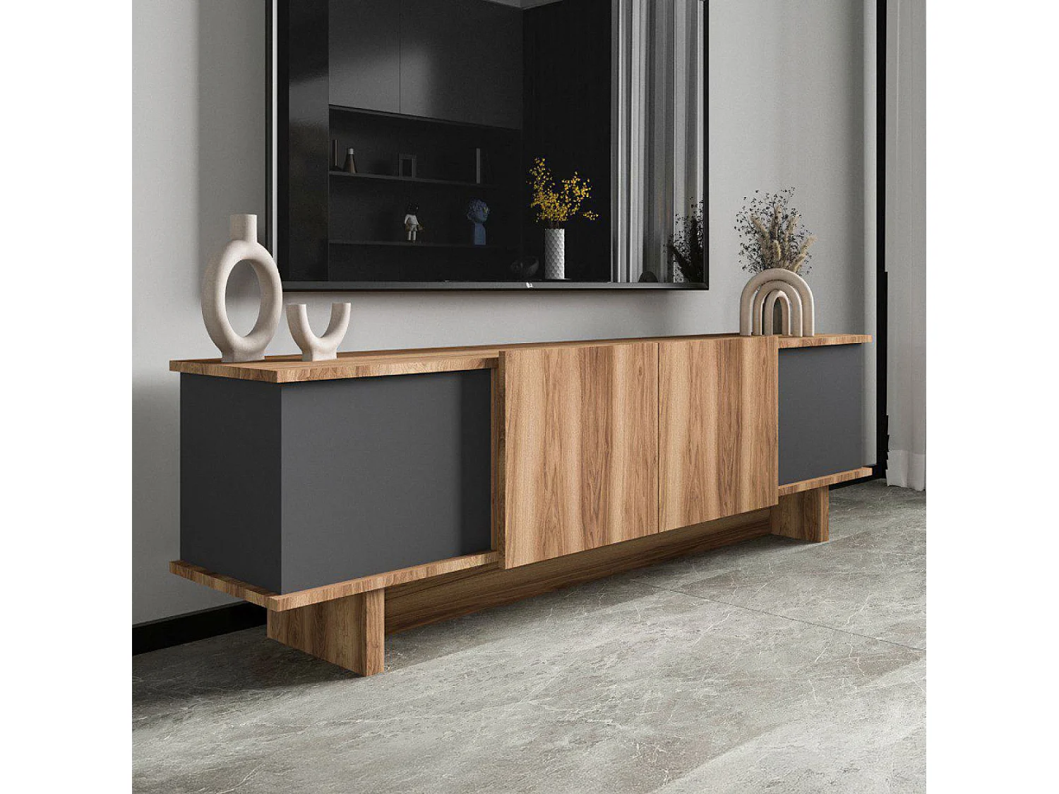 BRONI - Meuble TV design avec placards aspect bois et gris anthracite 180cm