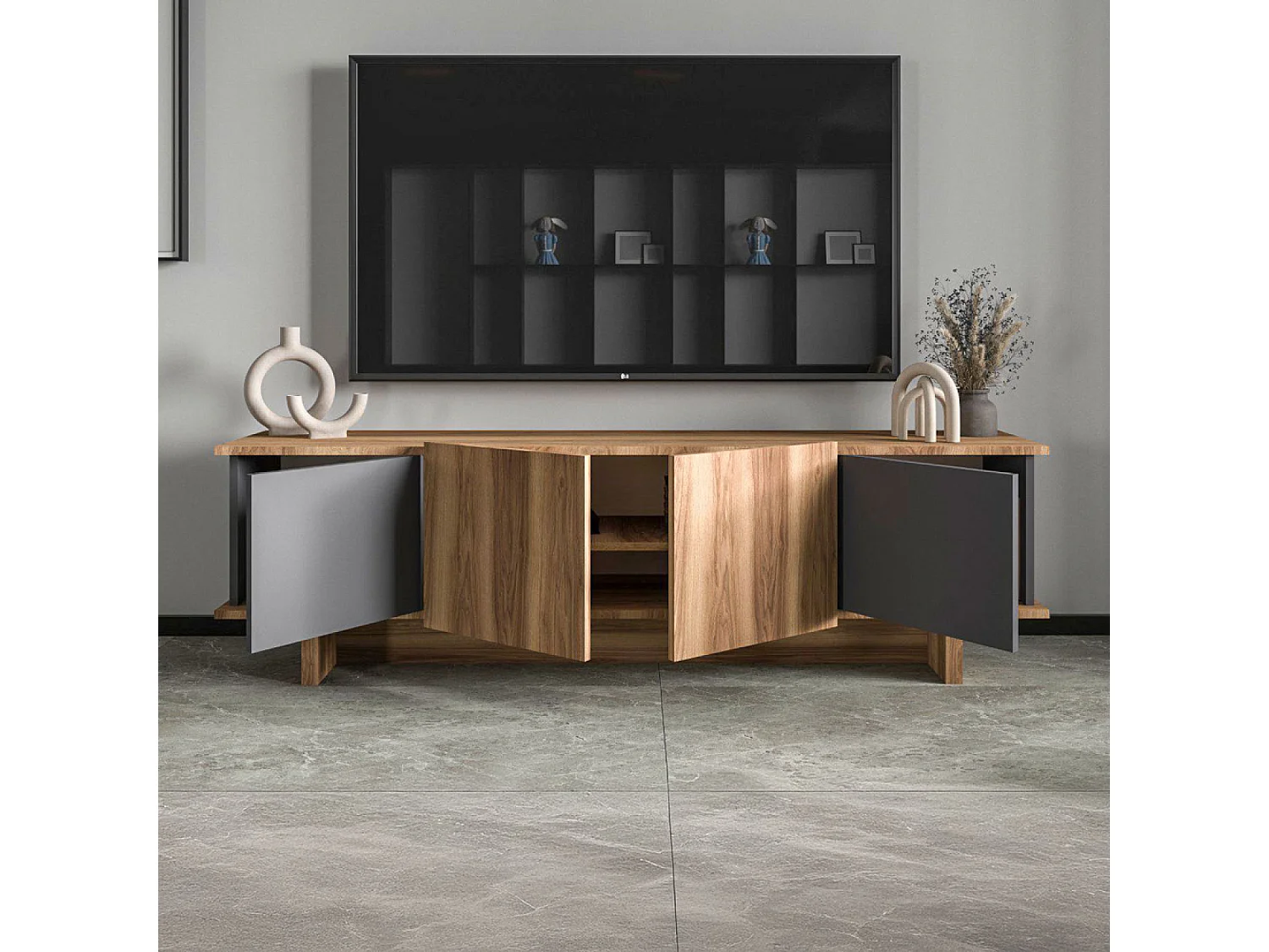 Meuble TV design avec placards aspect bois et gris anthracite 180cm BRONI