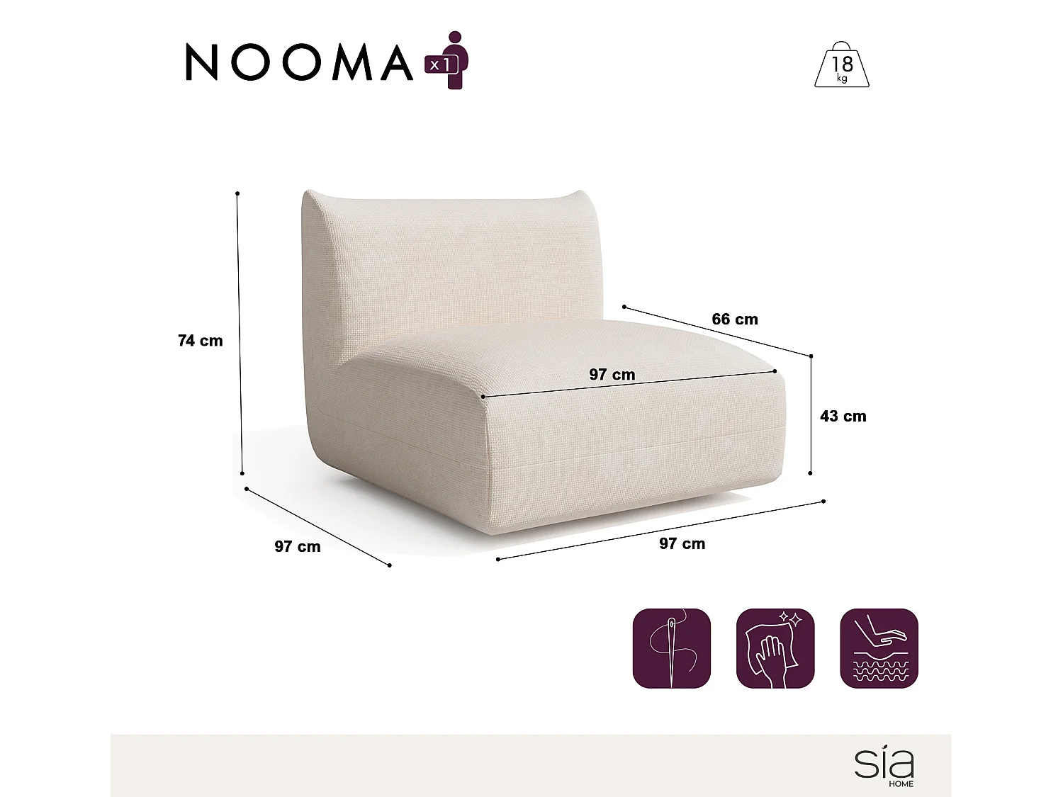 Fauteuil NOOMA en velours chenillé crème 97x97cm