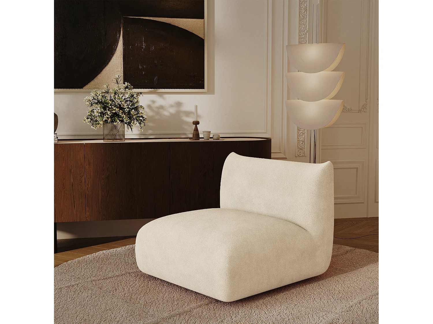 Fauteuil NOOMA en velours chenillé crème 97x97cm