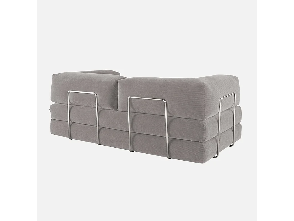 Canapé vintage convertible 3 places en velours côtelé gris clair et armatures chromées L 200 x P 100 x H 72cm - Seventies