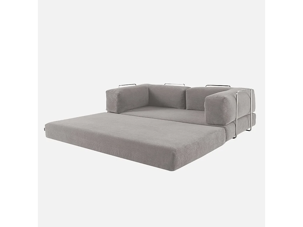 Canapé vintage convertible 3 places en velours côtelé gris clair et armatures chromées L 200 x P 100 x H 72cm - Seventies