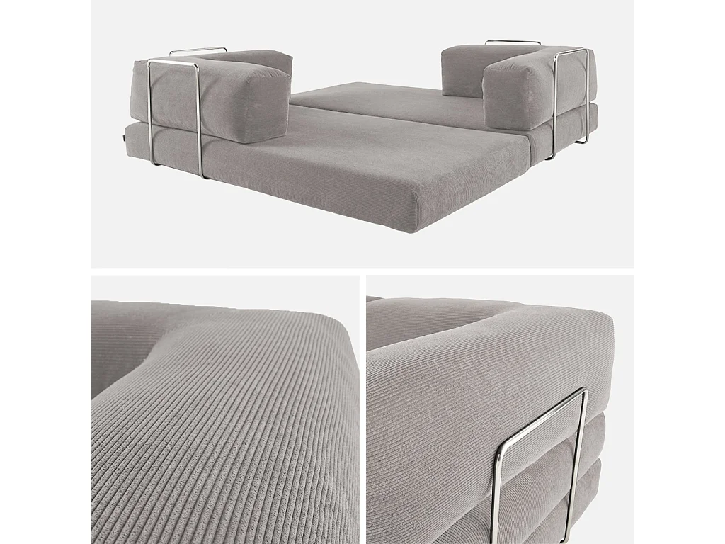 Canapé vintage convertible 3 places en velours côtelé gris clair et armatures chromées L 200 x P 100 x H 72cm - Seventies