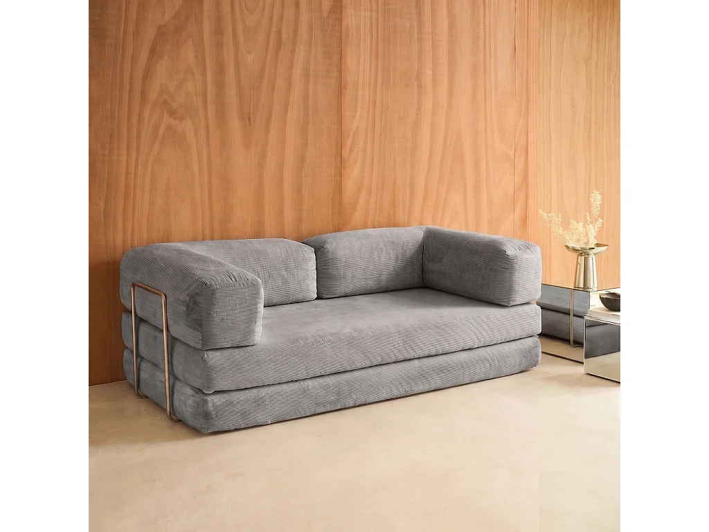 Sofá cama con futón plegable en pana y estructura cromada, 3 plazas