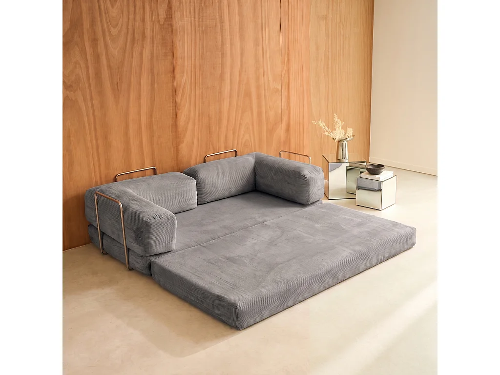 Sofá cama con futón plegable en pana y estructura cromada, 3 plazas