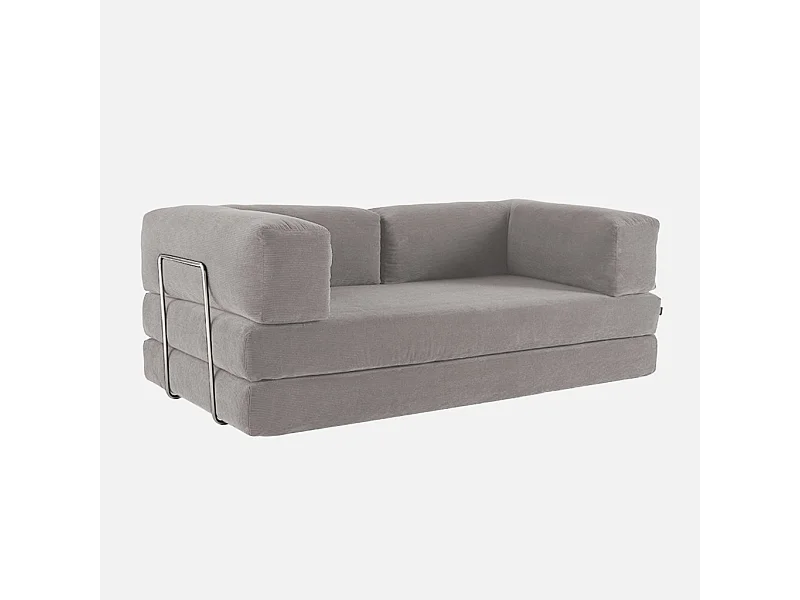 Canapé vintage convertible 3 places en velours côtelé gris clair et armatures chromées L 200 x P 100 x H 72cm - Seventies