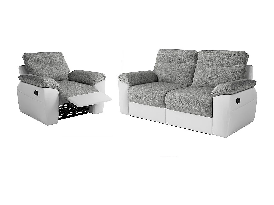 PACK - Canapé de relaxation ROSS manuel 3 places et fauteuil en tissu et simili - Blanc/Gris