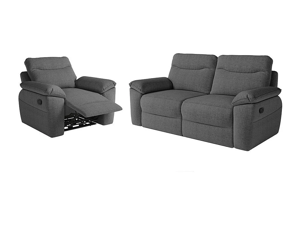 PACK - Canapé de relaxation ROSS manuel 3 places et fauteuil en tissu texturé 3D - Gris anthracite
