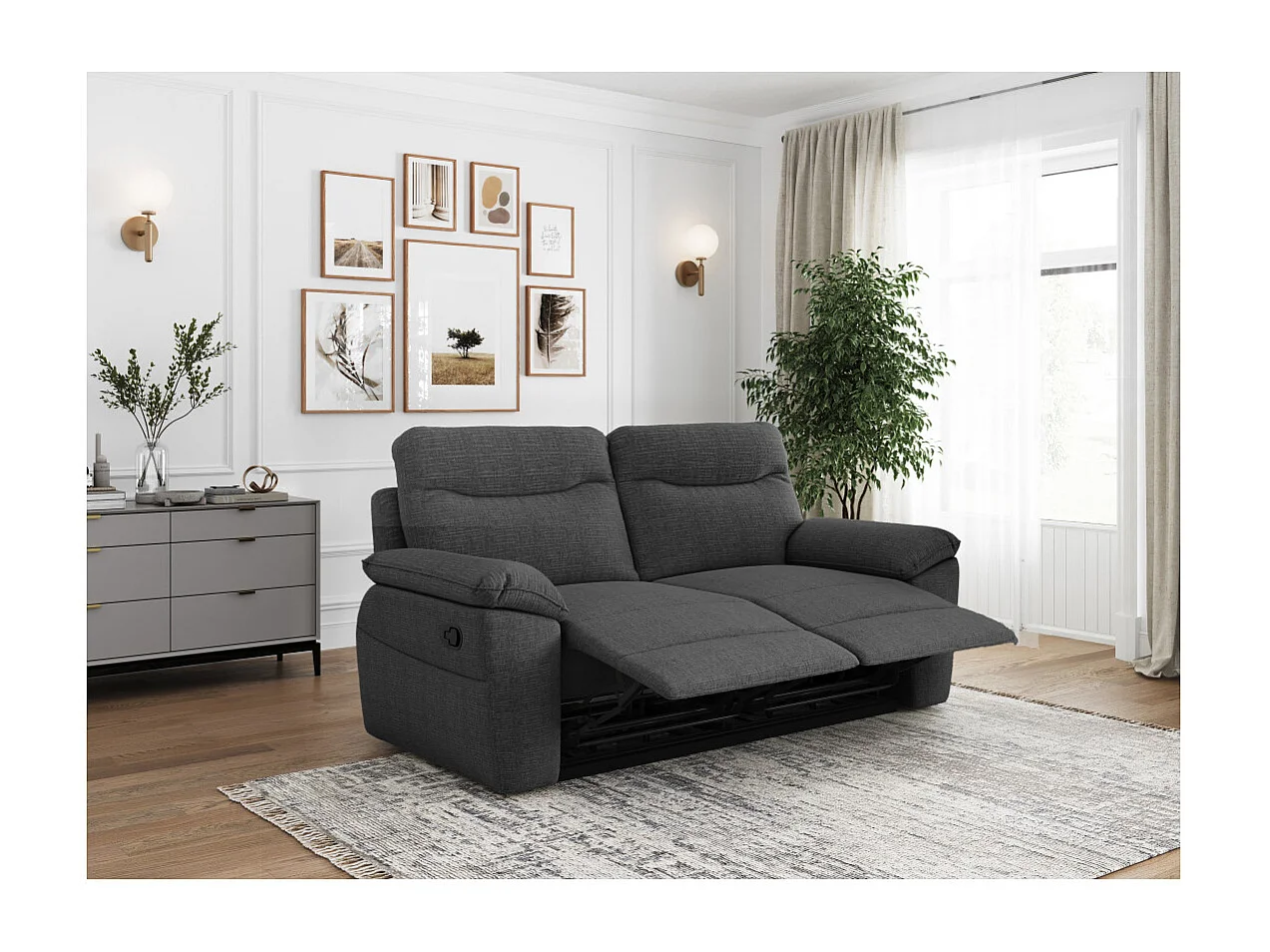 PACK - Canapé de relaxation ROSS manuel 3 places et fauteuil en tissu texturé 3D - Gris anthracite