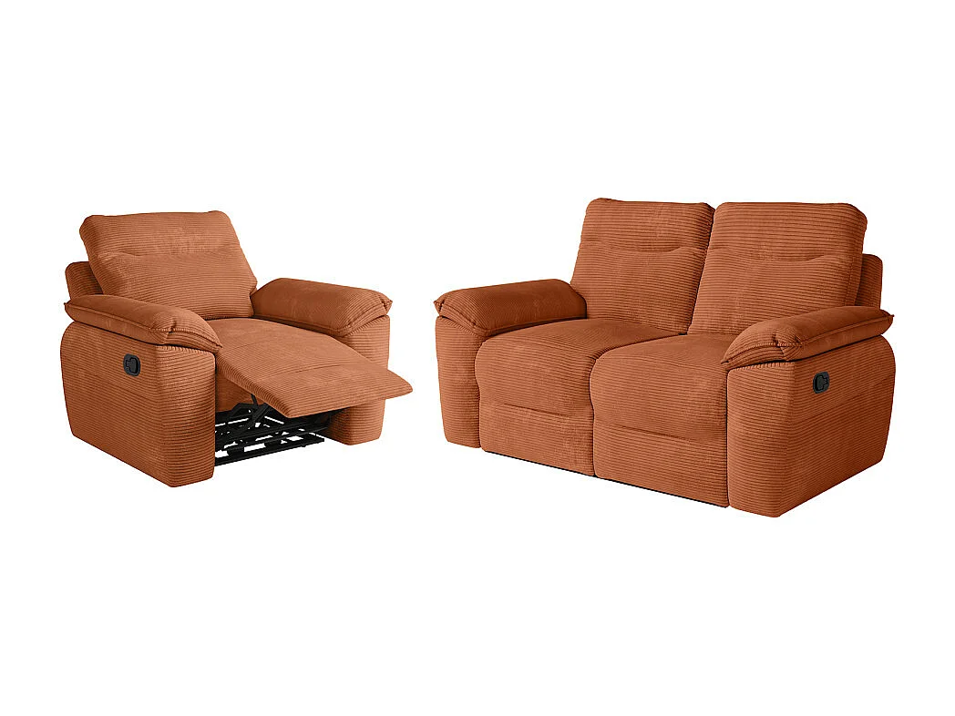 PACK - Canapé de relaxation ROSS manuel 2 places et fauteuil en velours côtelé - Terracotta