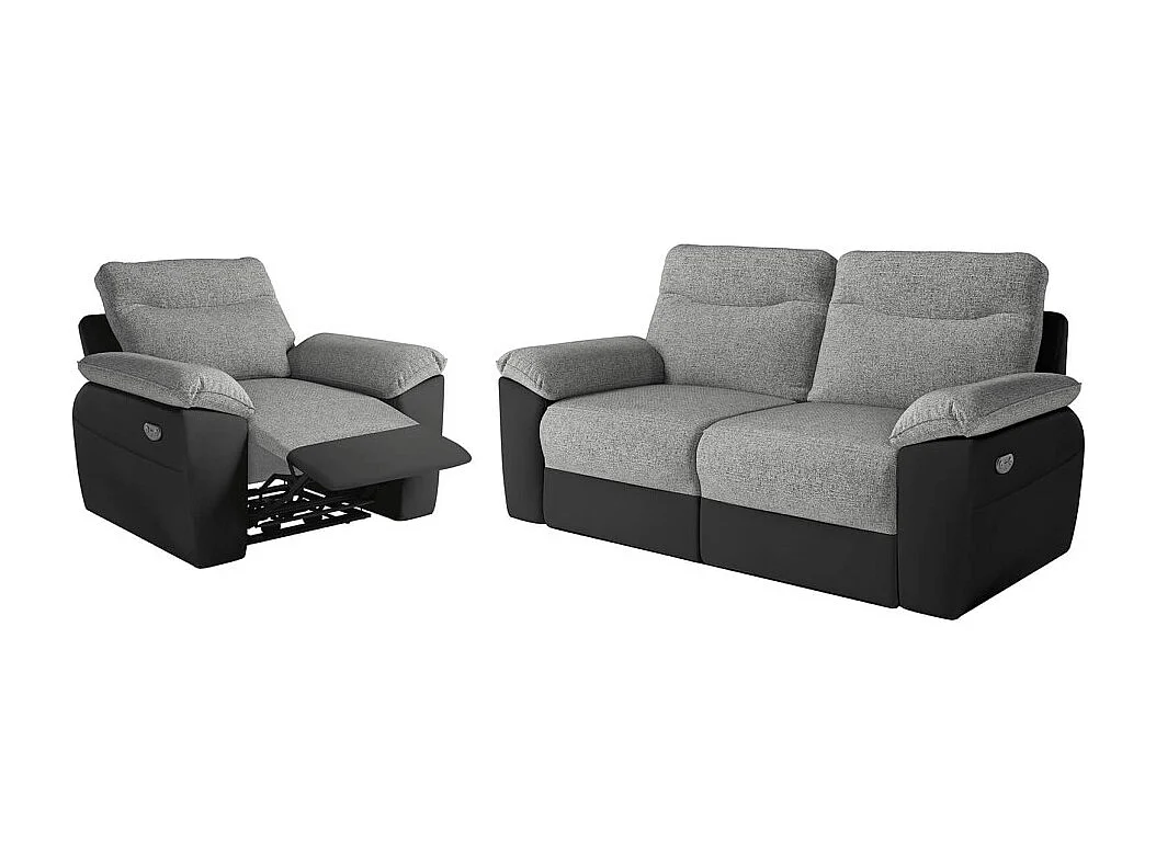 PACK - Canapé de relaxation ROSS électrique 3 places et fauteuil en tissu et simili - Noir/Gris