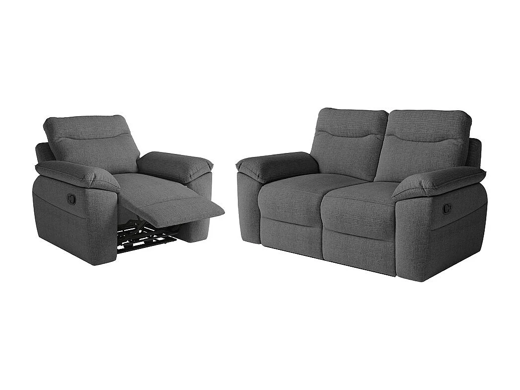 PACK - Canapé de relaxation ROSS manuel 2 places et fauteuil en tissu texturé 3D - Gris anthracite