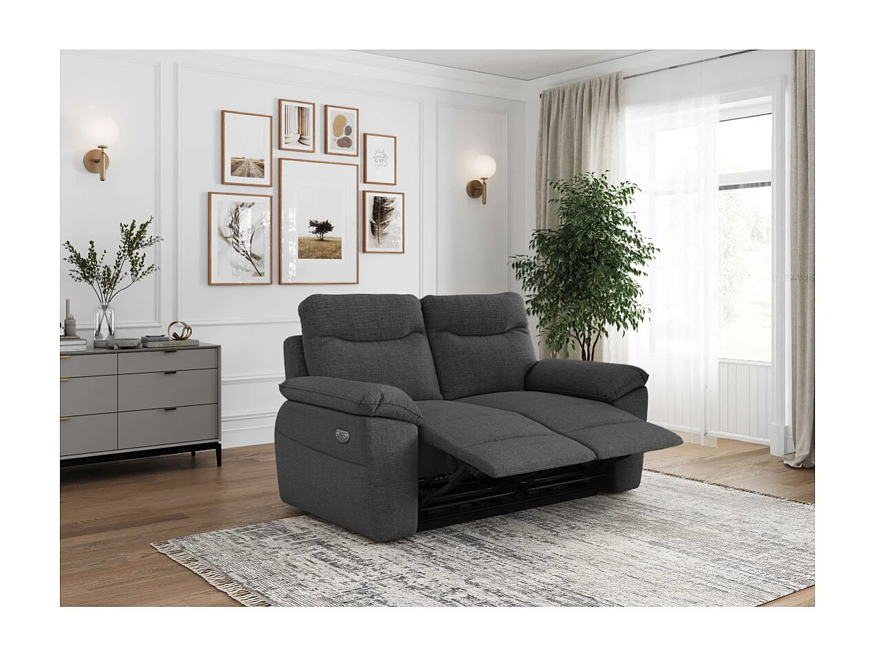 PACK - Canapé de relaxation ROSS électrique 2 places et fauteuil en tissu texturé 3D - Gris anthracite