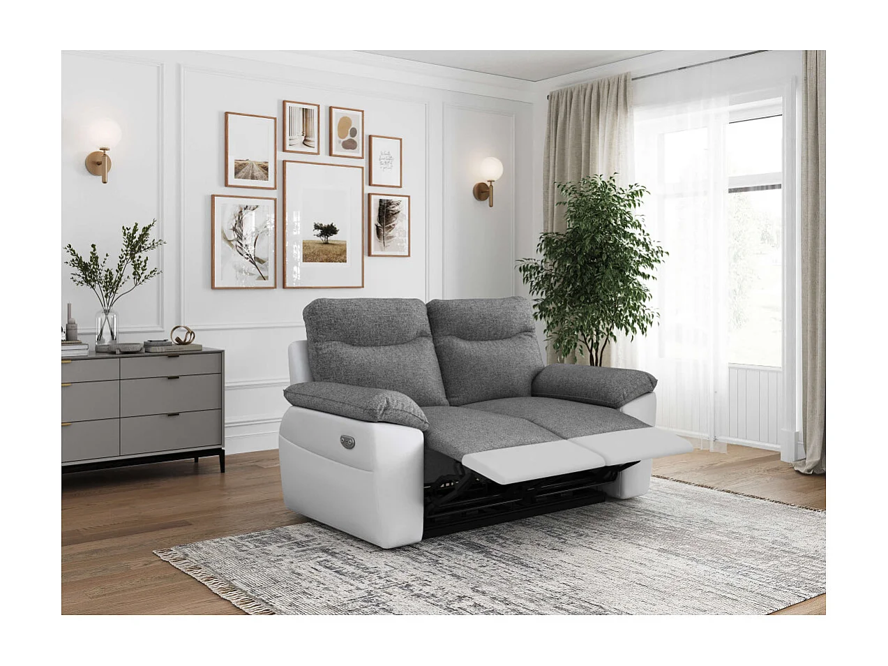 PACK - Canapé de relaxation ROSS électrique 2 places et fauteuil en tissu et simili - Blanc/Gris