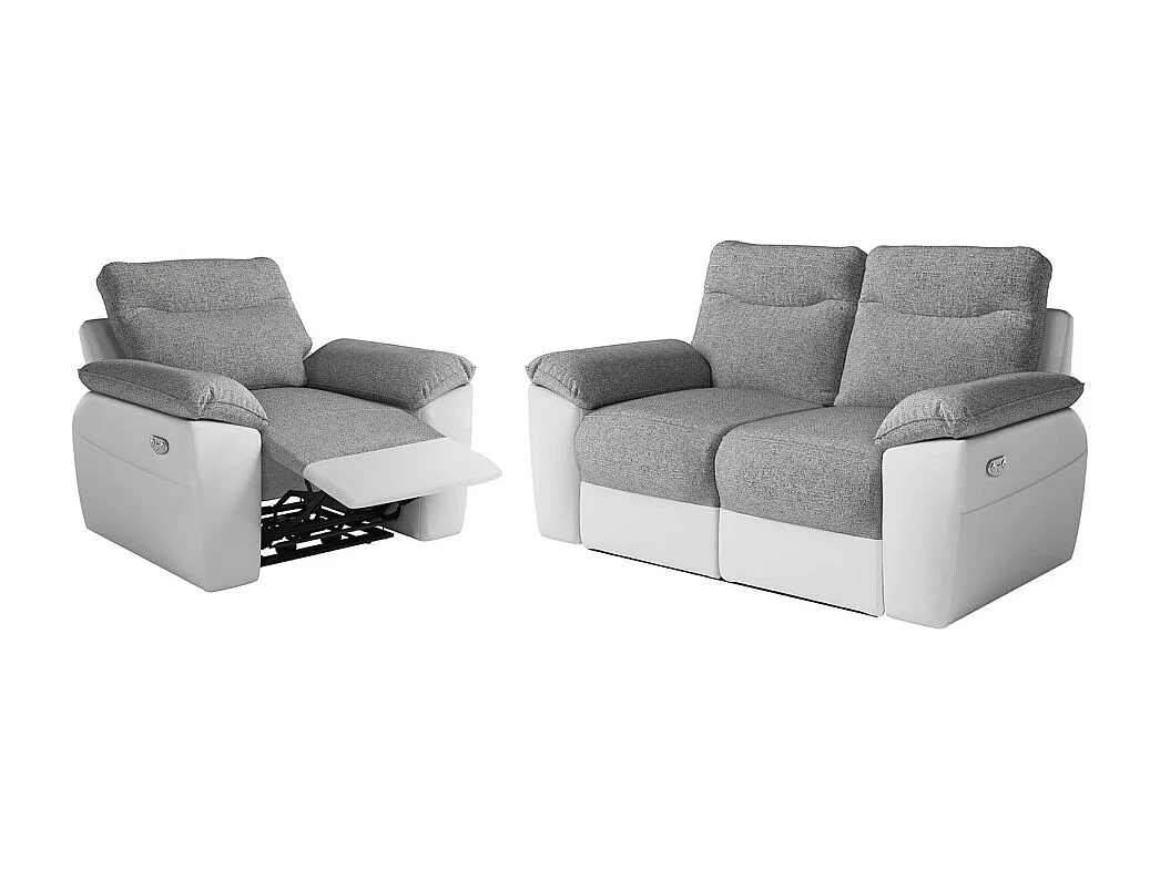 PACK - Canapé de relaxation ROSS électrique 2 places et fauteuil en tissu et simili - Blanc/Gris