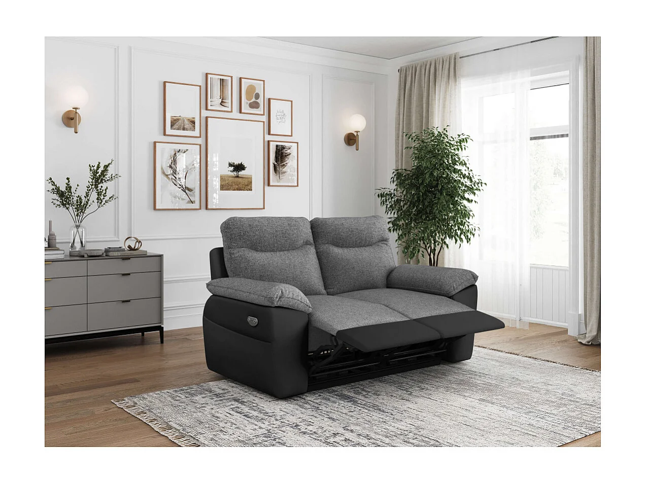 PACK - Canapé de relaxation ROSS électrique 2 places et fauteuil en tissu et simili - Noir/Gris