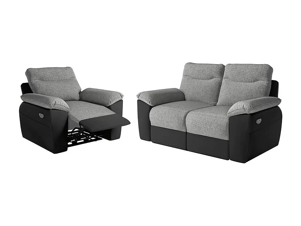 PACK - Canapé de relaxation ROSS électrique 2 places et fauteuil en tissu et simili - Noir/Gris